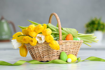 Easter basket with bouquet of tulips and eggs on white marble table indoorsの写真素材