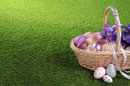 Easter basket with painted eggs and iris flowers on green grass. Space for text