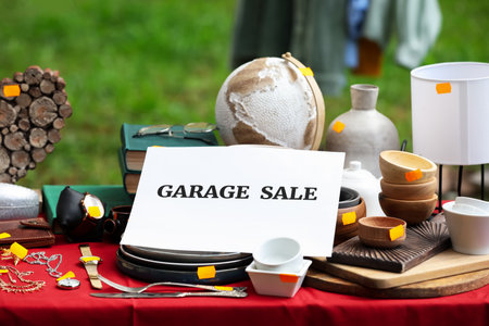 Sign Garage sale and many different items on table outdoorsの写真素材
