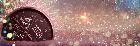 New 2024 Year greeting card with clock, fireworks and glitter, banner design. Space for text