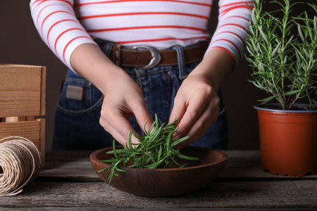 Woman with green rosemary sprigs at wooden table, closeupの写真素材