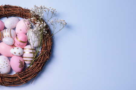 Festively decorated Easter eggs, vine wreath and gypsophila flowers on light blue background, top view. Space for textの写真素材