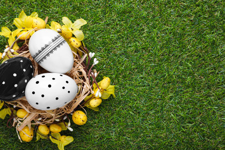 Festively decorated Easter eggs on green grass, top view. Space for text