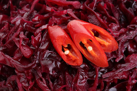 Tasty red cabbage sauerkraut with chili pepper as background, closeupの写真素材