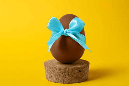 Tasty chocolate egg with light blue bow on orange backgroundの写真素材
