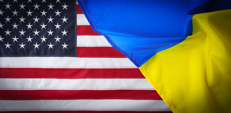 National flags of Ukraine and USA symbolizing partnership between countries. banner designの写真素材