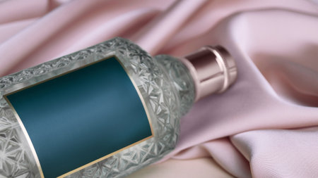 Bottle of luxurious perfume on beige silk, closeupの写真素材