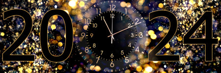 New Year greeting card with numbers 2024 and clock against blurred lights, banner designの写真素材