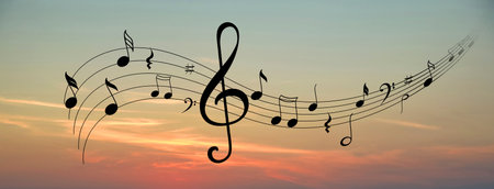 Staff with treble clef and musical notes against sunset sky, banner designの写真素材