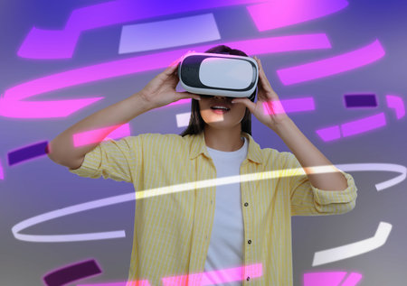Innovation idea. Woman using VR headset. Lines around her symbolizing digital reality