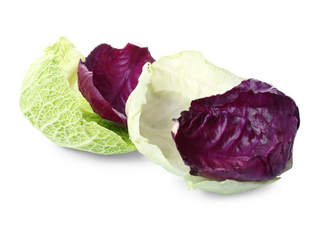 Different fresh cabbage leaves on white backgroundの写真素材
