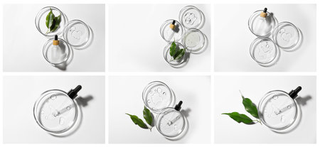Petri dishes with skin care products on white background, top view. collage design