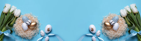 Flat lay composition with decorated Easter eggs and flowers on light blue background, space for text. banner designの写真素材