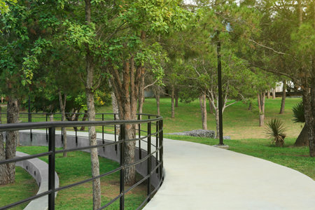 Picturesque view of bridge with metal railing and many trees in park