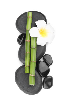 Spa stones, beautiful flower and bamboo stems on white background, top viewの写真素材