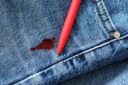 Pen and stained red ink on jeans, top viewの写真素材