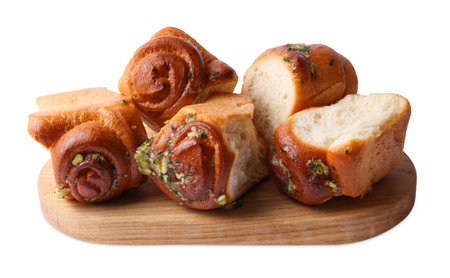 Tasty fresh pampushky. Traditional Ukrainian buns with garlic isolated on whiteの写真素材