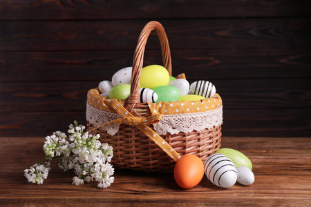 Wicker basket with festively decorated Easter eggs and white lilac flowers on wooden table