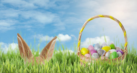 Bunny hiding near wicker basket full of Easter eggs in green grass on sunny day
