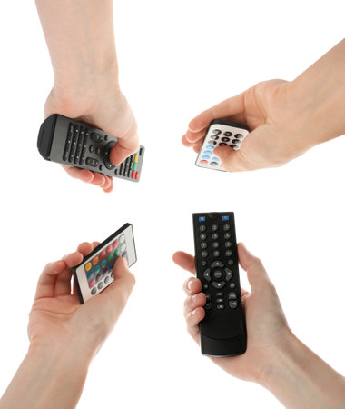 People holding different remote controllers on white background, closeup. collage designの写真素材