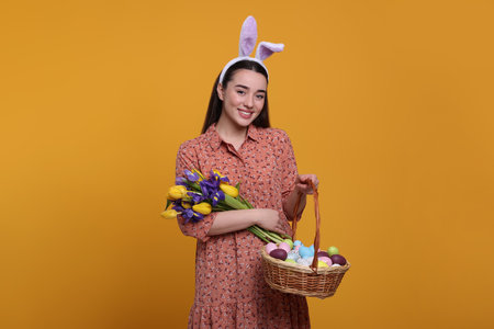 Happy woman in bunny ears headband holding wicker basket with painted Easter eggs and bouquet of...