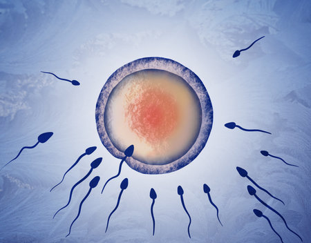 Cryopreservation of genetic material. Sperm cells and ovum on blue background, frost effectの写真素材