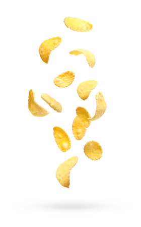Many tasty corn flakes falling on white background