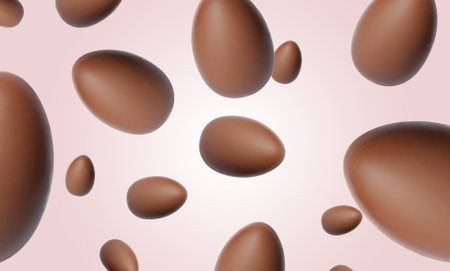 Many chocolate eggs falling on pale light pink background