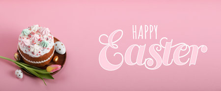 Happy Easter greeting card with decorated cake, eggs and flower on pink background. Banner design