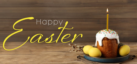 Happy Easter greeting card with decorated cake and eggs on wooden table. Banner design