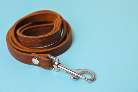 Brown leather dog leash on light blue background, closeup. Space for textの写真素材