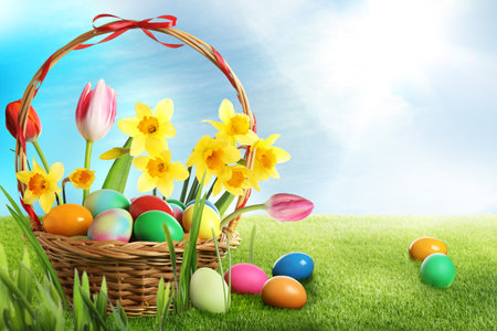 Wicker basket with festively decorated Easter eggs and flowers in green grass on sunny day, space...