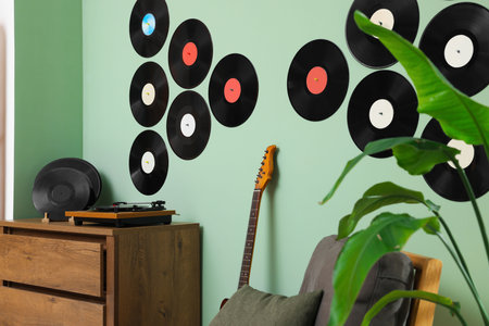 Living room interior decorated with vinyl recordsの写真素材