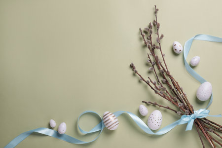 Flat lay composition with festively decorated Easter eggs and pussy willow branches on pale olive...