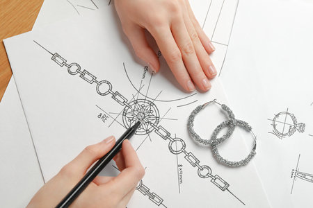 Jeweler drawing sketch of elegant bracelet on paper on wooden table, top view