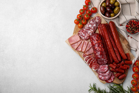 Flat lay composition with different types of delicious sausages and ingredients on light gray table. Space for textの写真素材