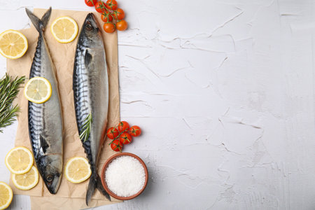 Tasty raw mackerel and ingredients on white textured table, flat lay. Space for textの写真素材