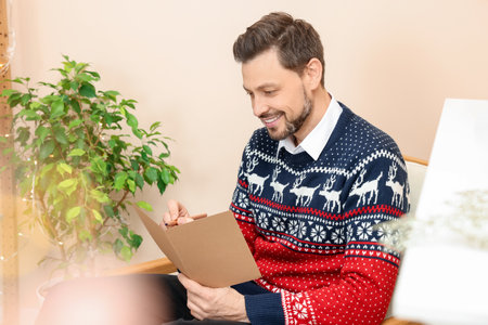 Happy man writing wishes in Christmas greeting card in living roomの写真素材