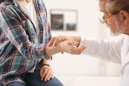 Orthopedist examining patient with injured hand in clinic, closeupの写真素材