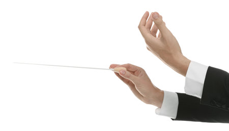 Professional conductor with baton on white background, closeupの写真素材