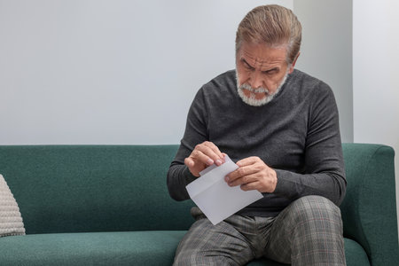 Upset man senior holding envelope and photo on sofa at home. Loneliness concept