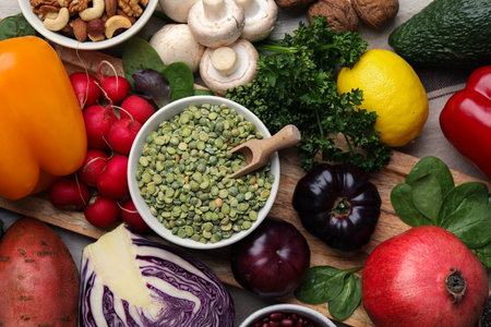Different vegetables on table, flat lay. Vegan dietの写真素材