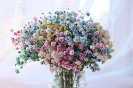 Beautiful gypsophila flowers in vase on blurred background, closeupの写真素材