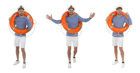 Collage with photos of sailor with lifebuoy ring on white backgroundの写真素材