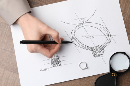 Jeweler drawing sketch of elegant ring on paper at wooden table, closeup