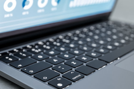 Laptop on light grey background, closeup. Modern technologyの写真素材