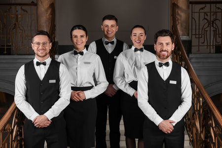 Group of trainees wearing formal clothes in hotel. Professional butler courses