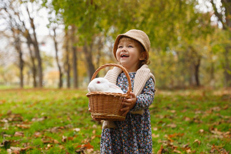 Happy girl holding basket with cute white rabbit in autumn parkの写真素材