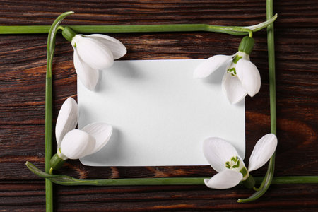 Beautiful snowdrops and paper card on wooden table, flat lay with space for textの写真素材