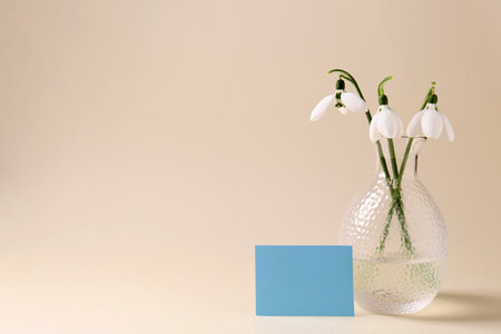 Beautiful snowdrops and paper card on beige background. Space for textの写真素材